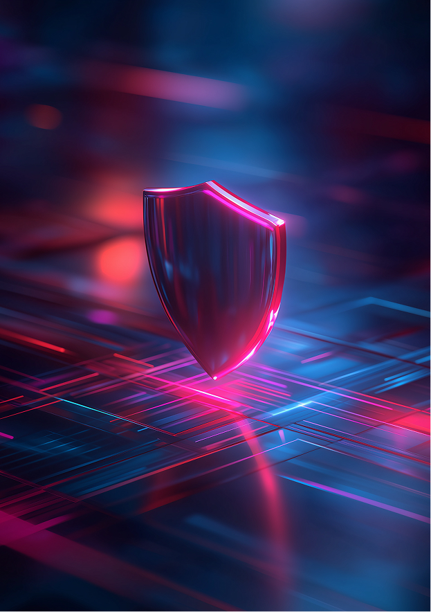 Operator with a neon-pink shield emblem on a circuit-board floor
